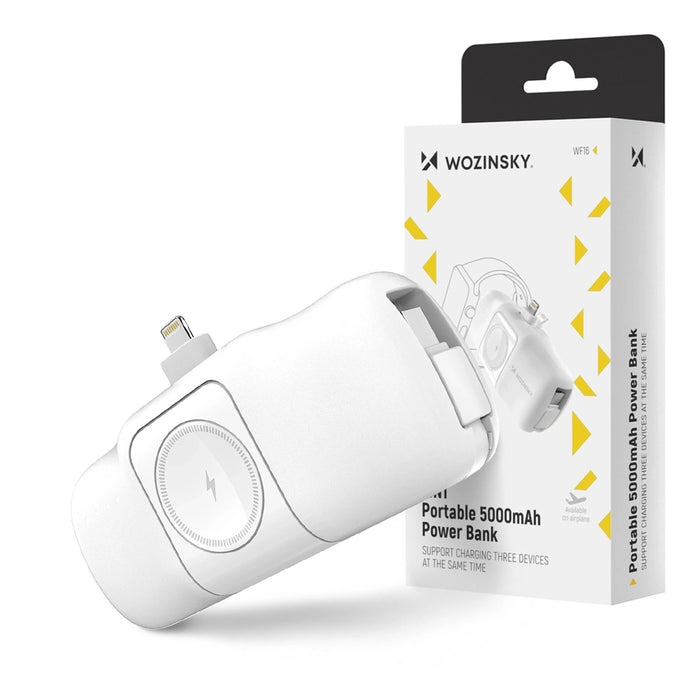 Wozinsky WF16-YLS 5000mAh 15W Lightning Mini Power Bank with Built-in USB-C Cable and Apple Watch Charger - White