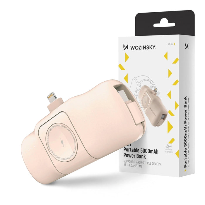 Wozinsky WF16-YLS 5000mAh 15W Lightning Mini Power Bank with Built-in USB-C Cable and Apple Watch Charger - Beige