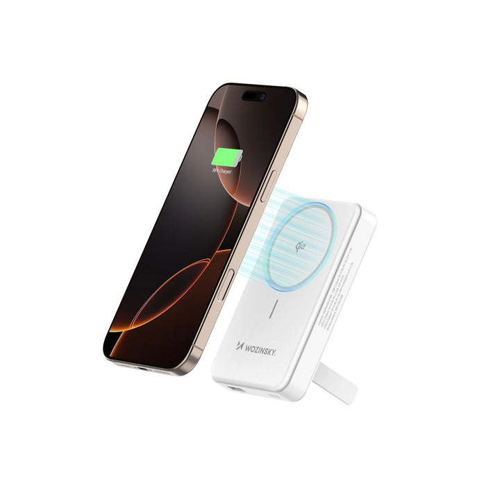 Powerbank Wozinsky WLWP-10KA0Y3WS 22.5W PD Qi2 10000 mAh, with stand, 1x USB-A, 1x USB-C - white