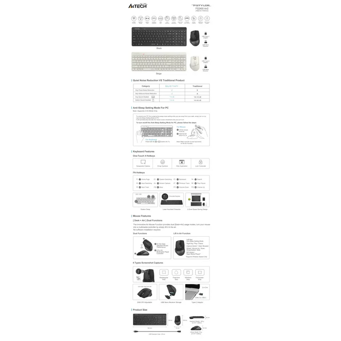 A4tech Fstyler FG2400Air 2 Wireless keyboard and mouse set black Cyrillic - Клавиатури<<<Компютърна периферия<<<ValiAPI