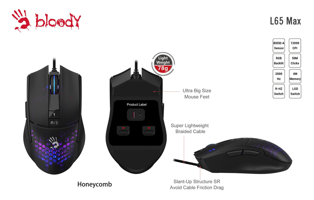 Gaming mouse A4tech bloody L65 Max, Wired, 12000 cpi, Honeycomb, Black