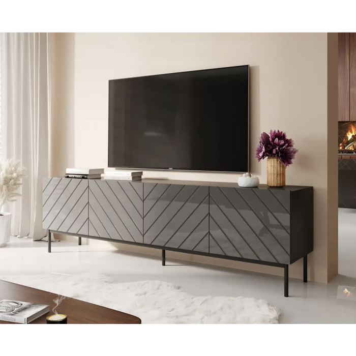 ABETO RTV cabinet on black steel frame 200x42x60 graphite/glossy graphite - TV cabinets made of furniture