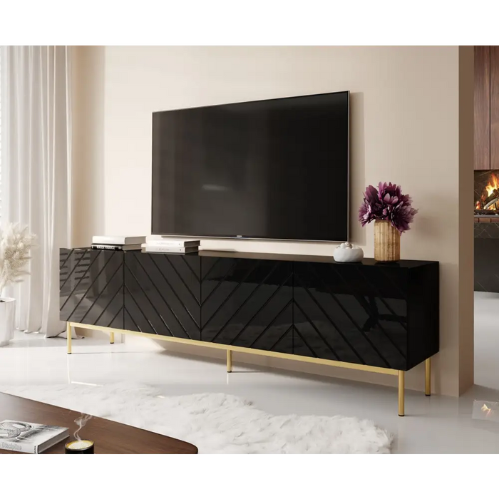 ABETO RTV cabinet on golden steel frame 200x42x60 black/gloss black - TV cabinets made of furniture boardSTV-ZPM<<<TV