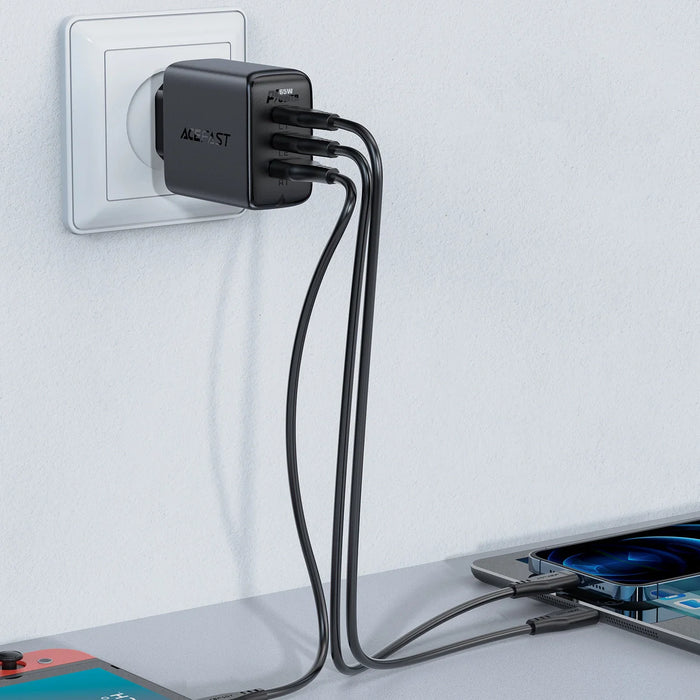 Acefast 2in1 wall charger 2x USB-C / USB-A 65W PD QC 3.0 AFC FCP (set with USB-C 1.2m cable) black (A13 black) - Cell