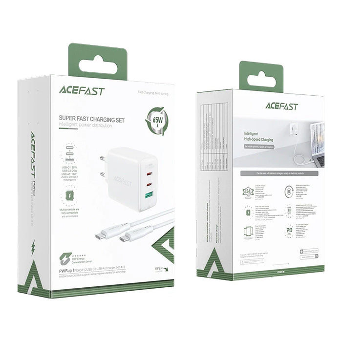Acefast 2in1 wall charger 2x USB-C / USB-A 65W PD QC 3.0 AFC FCP (set with USB-C 1.2m cable) white (A13 white) - Cell