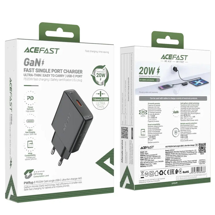 Acefast A65 PD 20W GaN USB-C Ultra Slim Wall Charger - Black - Cell phone USB charger<<<HurtelXML
