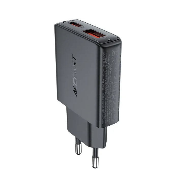 Acefast A69 PD 30W GaN USB-A USB-C ultra slim wall charger - black - Cell phone USB charger<<<HurtelXML