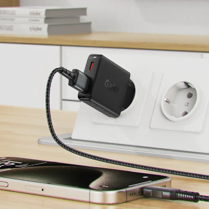 Acefast A69 PD 30W GaN USB-A USB-C ultra slim wall charger - black - Cell phone USB charger<<<HurtelXML