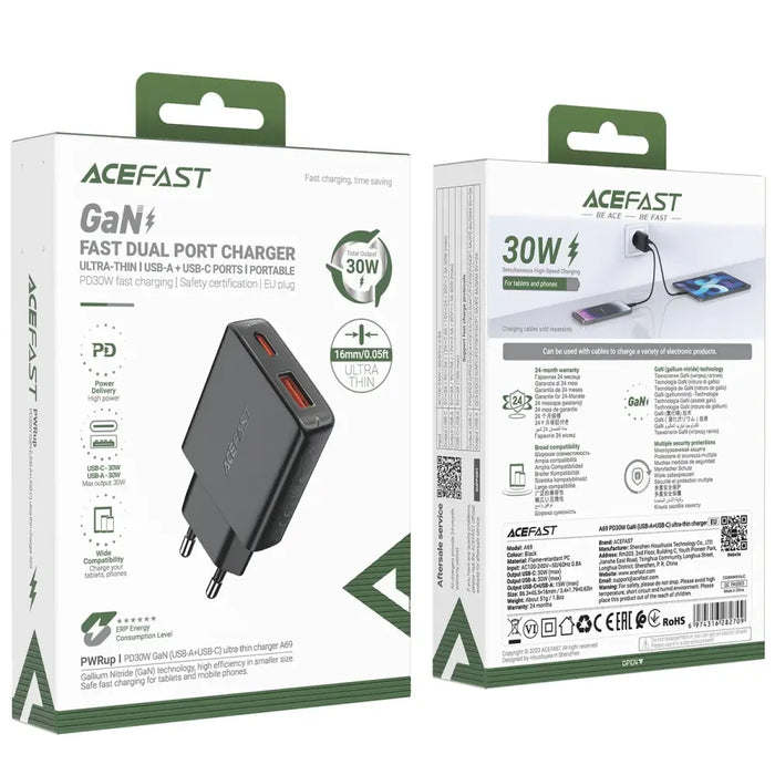 Acefast A69 PD 30W GaN USB-A USB-C ultra slim wall charger - black - Cell phone USB charger<<<HurtelXML