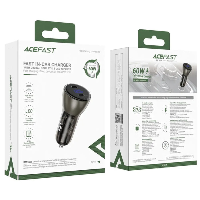 Acefast B10 60W Car Charger (2x USB-C) with Display and Metal Housing - Black - Cell phone USB charger<<<HurtelXML