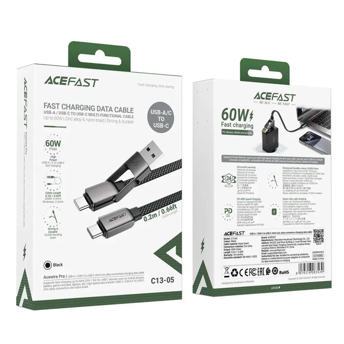 Acefast C13-05 USB-C - USB-A / USB-C Cable 480Mb/s 3A 0.2m - Black - *Temporary category<<<HurtelXML