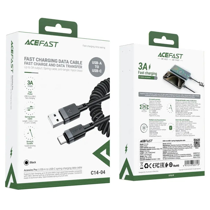 Acefast C14-04 USB-A - USB-C Cable Spring 480Mb/s 3A 1.2m - Black - *Temporary category<<<HurtelXML
