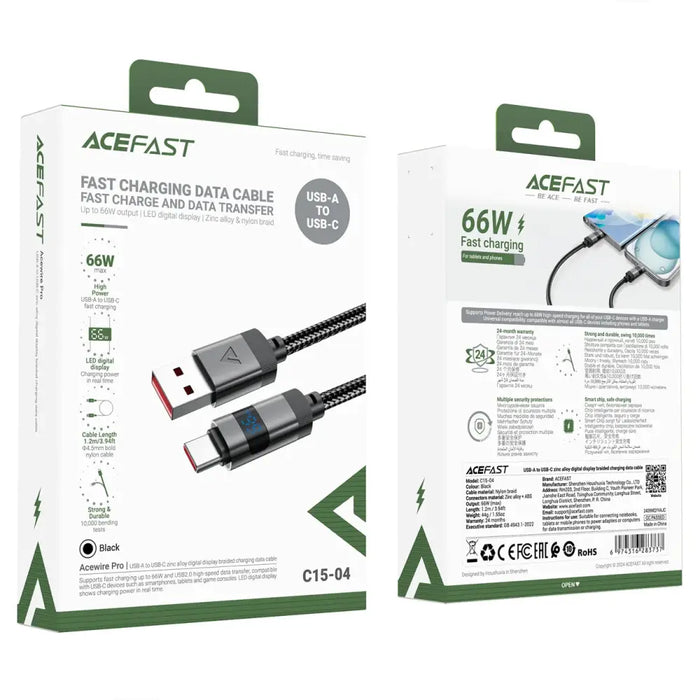 Acefast C15-04 USB-A - USB-C Cable with Display 480Mb/s 66W 1.2m - Black - *Temporary category<<<HurtelXML