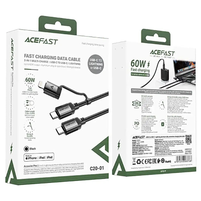 Acefast C20-01 USB-C - USB-C/ Lightning cable 60W/30W 480Mb/s 3A 1.2m - black - Cell phone cables<<<HurtelXML