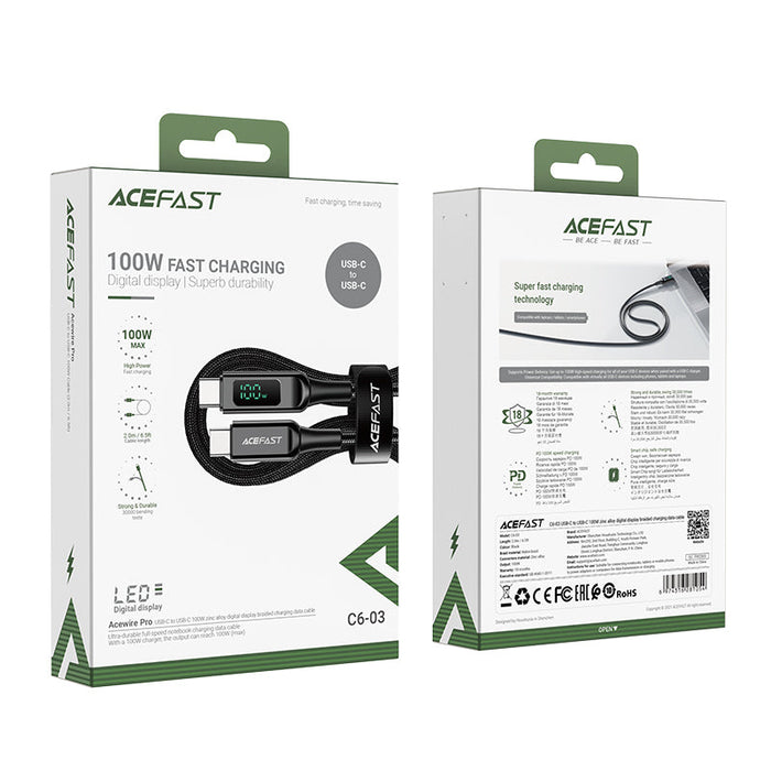 Acefast C6-03 Black USB-C - USB-C PD QC cable 100W 5A 480Mb/s 2m - black - Cell phone cables<<<HurtelXML