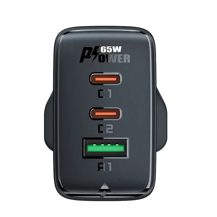 Acefast charger GaN 65W 3 ports (1xUSB 2xUSB C PD) UK plug black (A44) - Cell phone USB charger<<<HurtelXML