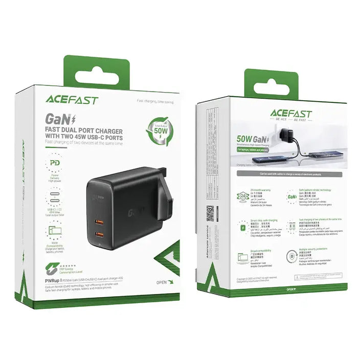 Acefast GaN charger (UK plug) 2x USB Type C 50W Power Delivery PPS Q3 3.0 AFC FCP black (A32 UK) - Cell phone USB