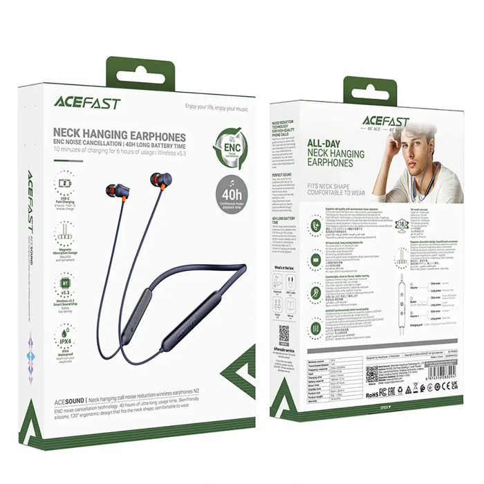 Acefast N2 Wireless ENC Bluetooth 5.3 Neckband Headphones - Blue - Headphones and speakers<<<HurtelXML