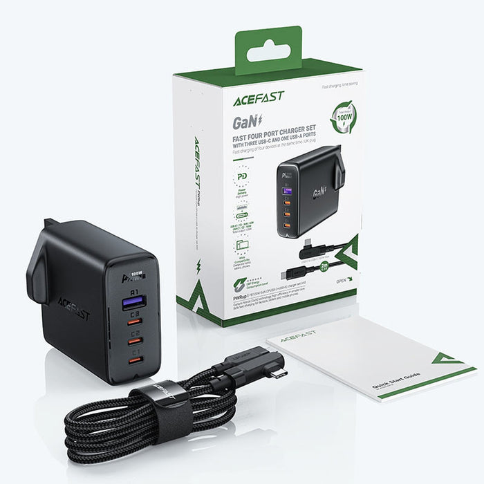 Fast charger GaN UK 100W Power Delivery 3x USB C 1x USB - black