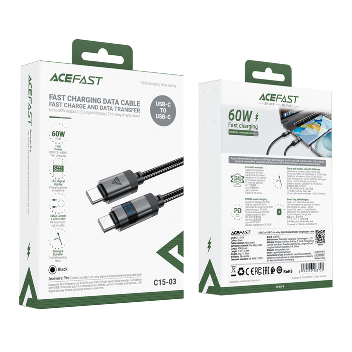 Acefast C15-03 USB-C - USB-C Cable with Display 480Mb/s 60W 1.2m - Black