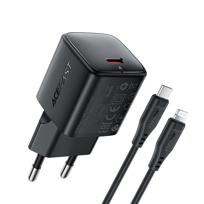 Acefast A118 30W GaN USB-C Wall Charger with 1.2m USB-C to Lightning Cable - Black