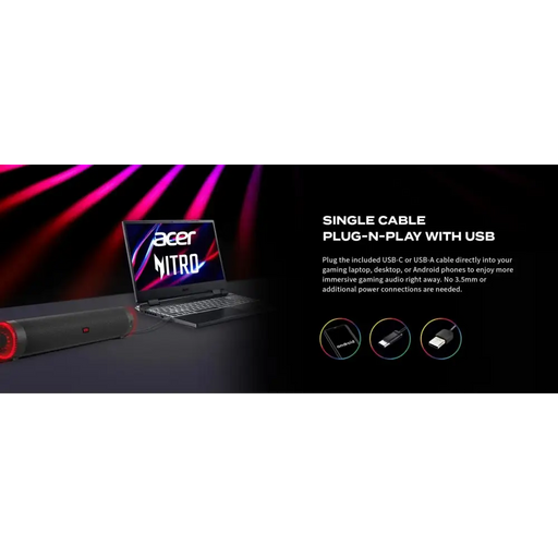 Acer Nitro Gaming Soundbar,2 x 5W BT Dynamic 2.0 Stereo Sound USB-C (USB-C to USB-A cable included) / Bluetooth / Aux