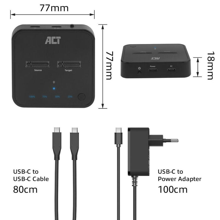 Dual SSD Docking Station, ACT M.2 NVMe/PCIe Clone, USB-C 3.2 Gen2, 10 Gbps