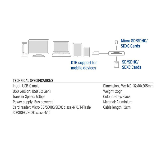 Reader for SD / micro SD cards ACT AC7056, SDXC, USB-C
