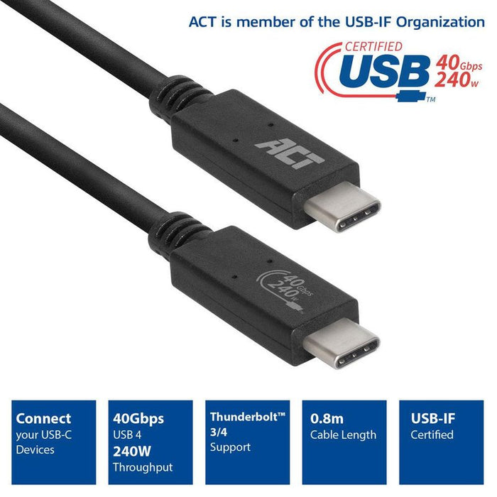 Cable ACT USB-C - USB-C, 0.8 m / USB4, 40Gbps, 240W, certified USB-IF