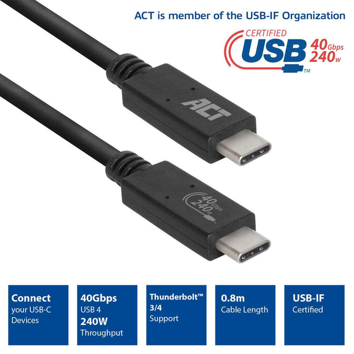 Cable ACT USB-C - USB-C, 0.8 m / USB4, 40Gbps, 240W, certified USB-IF
