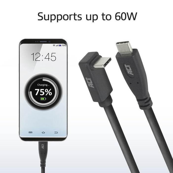 ACT Cable USB-C - USB-C, 10Gbps, 60W, 0.5 m, connectors - 1x straight and 1x at 90° up/down angled