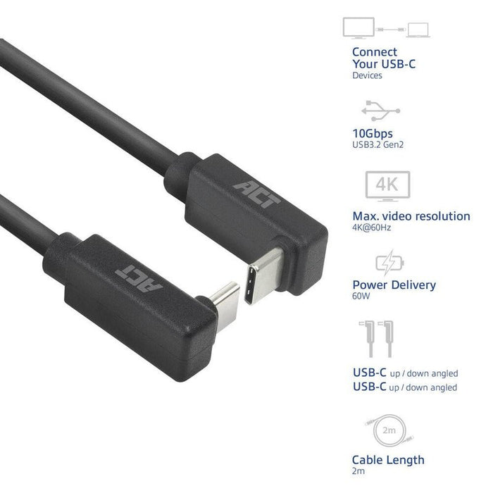 ACT Cable USB-C - USB-C, 2m, 10Gbps 60W, angled up/down