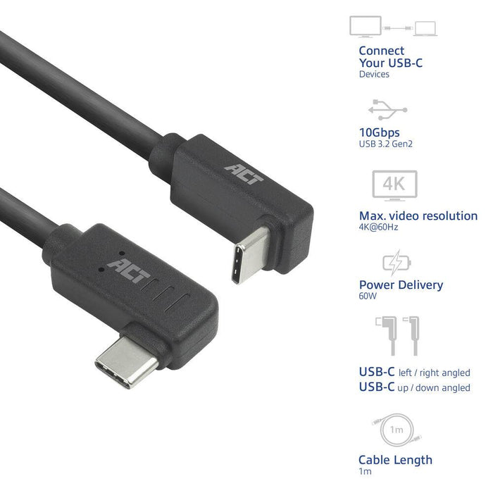 ACT Cable USB-C - USB-C, 10Gbps, 60W, 1 m, connectors 90° left/right, up/down angled