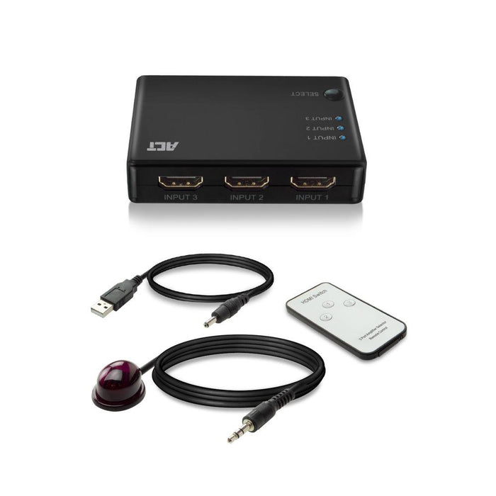 3 port HDMI switch ACT , 4K@60Hz, USB, Remote, Black