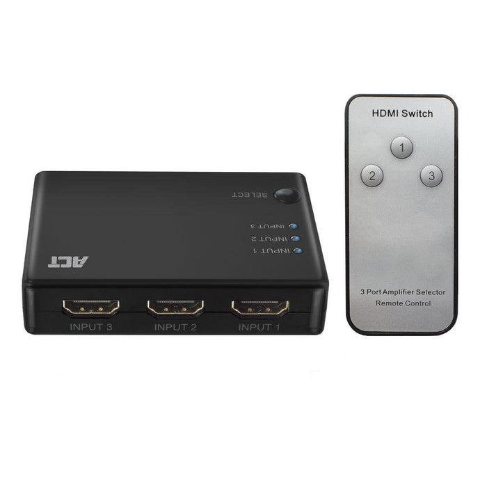 3 port HDMI switch ACT , 4K@60Hz, USB, Remote, Black