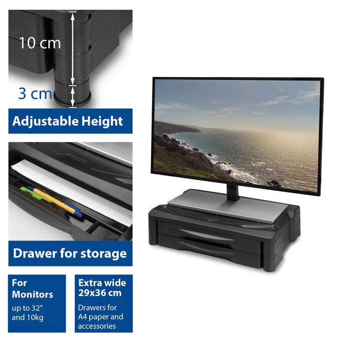 Monitor stand ACT AC8215, For desk, with 2 drawers, Up to 10 kg, Black