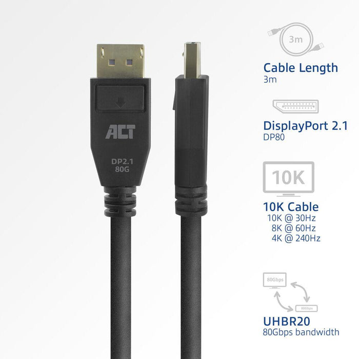ACT Cable Display port 2.1 male-male, 8K@60Hz, 4k@240Hz, 3m, black