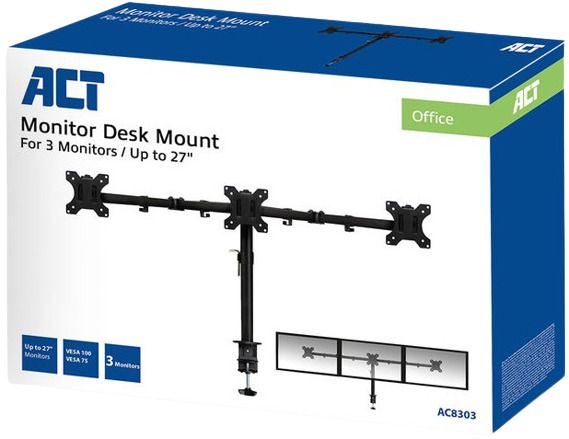 Stand for 3 monitors ACT AC8303, For desk, Adjustable, 27", 21 kg, Black