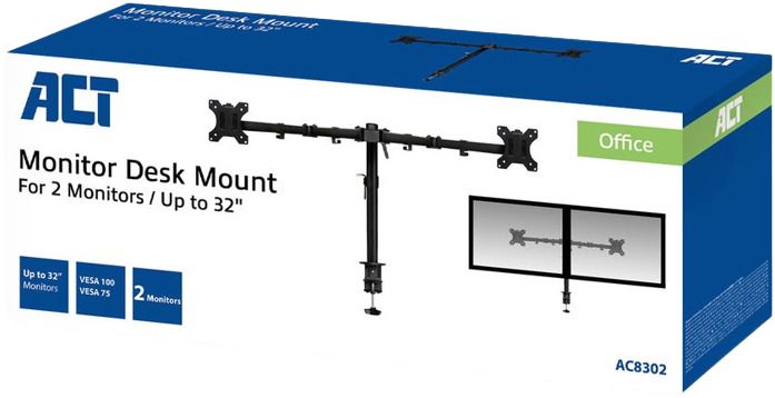 ACT AC8302 2-Monitor Stand, Desk Mount, Adjustable, 35", 2x8 kg, Black