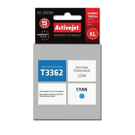Activejet AE-33CNX Ink cartridge (replacement for Epson 33XL T3362; Supreme; 12 ml; cyan) - For Epson printers (without