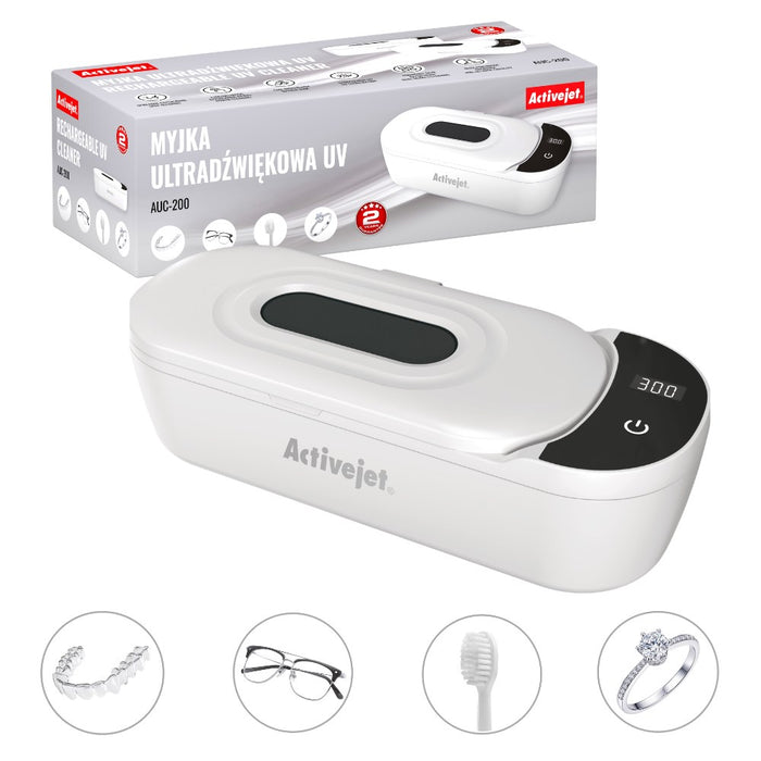 Ultrasonic UV cleaner, Activejet AUC-200, for dentures, glasses and jewelry, white