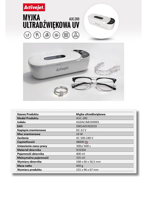 Ultrasonic UV cleaner, Activejet AUC-200, for dentures, glasses and jewelry, white