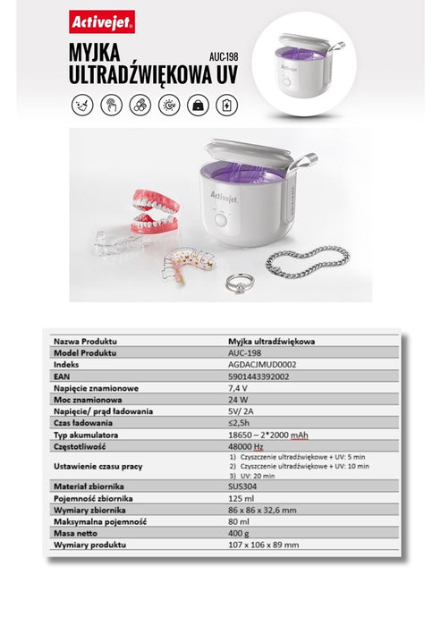 Activejet USB rechargeable UV ultrasonic cleaner AUC-198 white