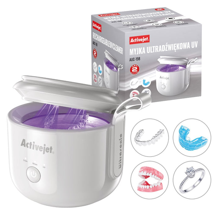 Activejet AUC-198 cordless ultrasonic UV cleaner. For dentures, braces, and jewelry, white.