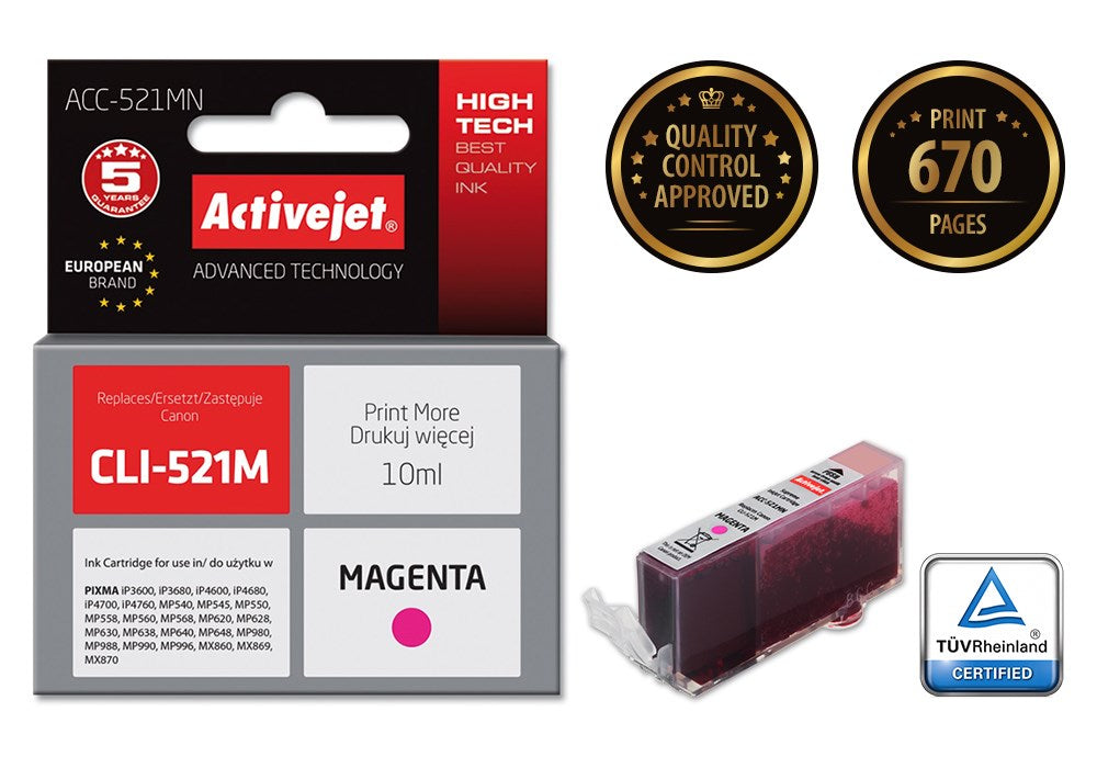 Activejet ACC-521MN Ink (replacement for Canon CLI-521M; Supreme; 10 ml; magenta)