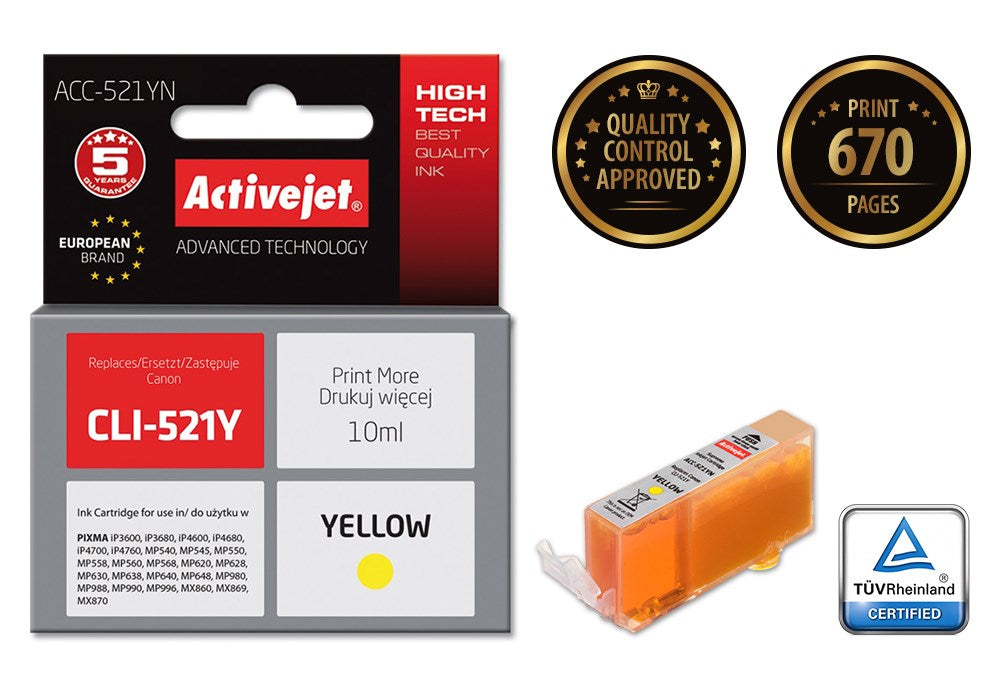 Activejet ACC-521YN Ink (replacement for Canon CLI-521Y; Supreme; 10 ml; yellow)
