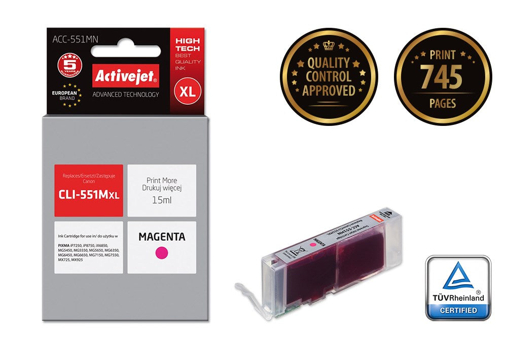 Activejet ACC-551MN Ink cartridge (replacement for Canon CLI-551M; Supreme; 15 ml; magenta)