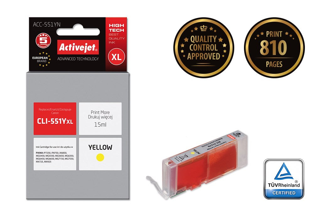 Activejet ACC-551YN Ink cartridge (replacement for Canon CLI-551Y; Supreme; 15 ml; yellow)