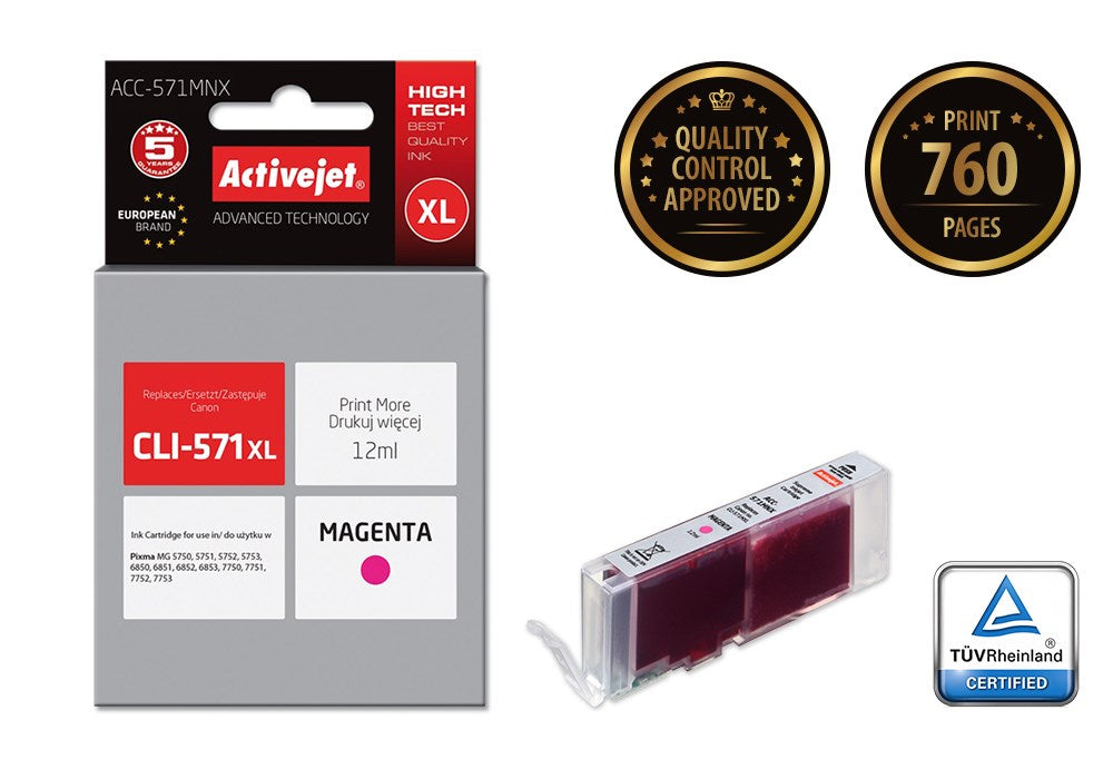 Activejet ACC-571MNX Ink (replacement for Canon CLI-571XLM; Supreme; 12 ml; magenta)