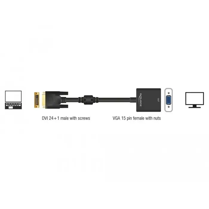 Адаптер DeLock DVI-D 24 + 1 мъжко - VGA женско Черен - Адаптери конвертори<<<Кабели<<<ValiAPI